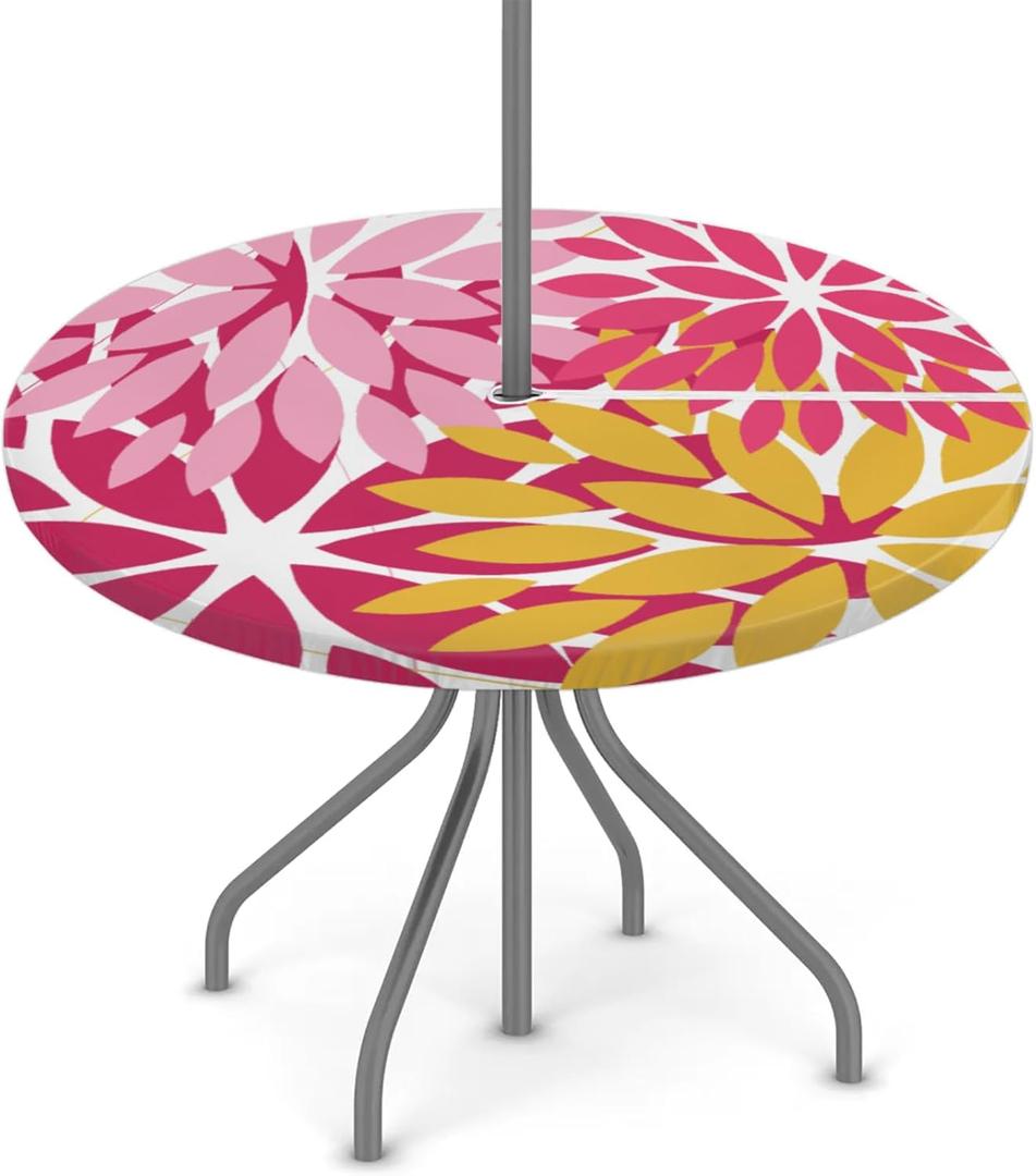 Round Tablecloth with Umbrella Hole and Zipper Elastic Fitted Table Cloth 45"-56" Oil-Proof Waterproof Patio Table Cover for Outdoor Picnic Party, Spring Summer Geometric Elegant Pink Yellow