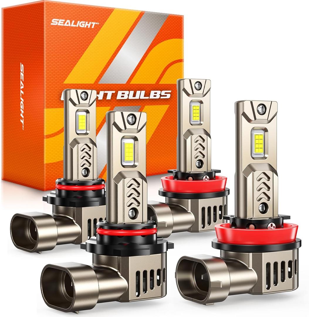 SEALIGHT 9005 H11 LED Bulbs Combo for Fog Light, 1000% 90000LM Super Bright Bulb, 1:1 Mini Size, 6500K White, Non-Polarity 3MIN Plug and Play, 4 Pack