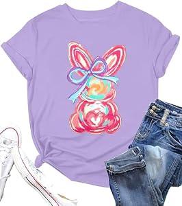 Easter Shirts for Women Happy Bunny Shirt Cute Rabbit Graphic Tee Funny Easter Gifts Short Sleeve Tops Purple, XXL