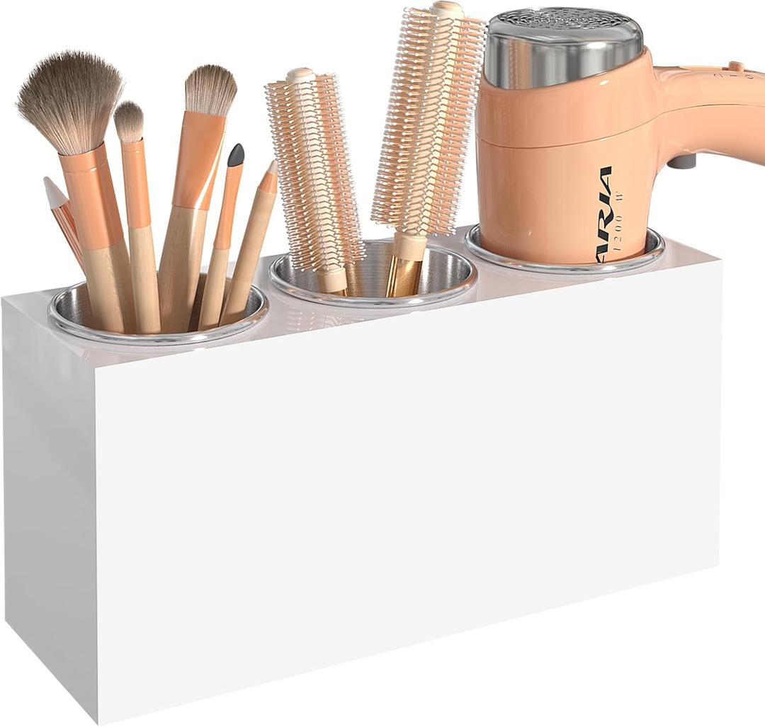 Hair Tool Organizer, Wall Mount Hair Dryer Holder with 3 Cups, Vanity Acrylic Hair Styling Tools Organizer for Curling Iron Straightener Styling Tools Bathroom Storage (3 Cups White)