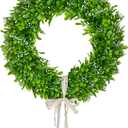 Lvydec Artificial Boxwood Wreath Decoration - 15" Spring Wreath with White Seeds and Silk Ribbon for Front Door Wall Window Decoration
