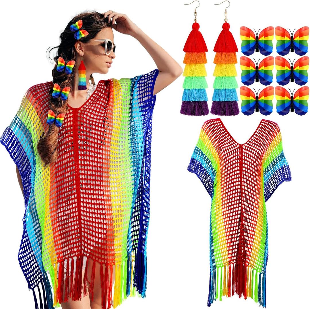 Shyyween 8 Pcs Rainbow Outfits for Women Rainbow Accessories Cover up Dress Tassel Earrings Butterfly Hair Clip for Beach
