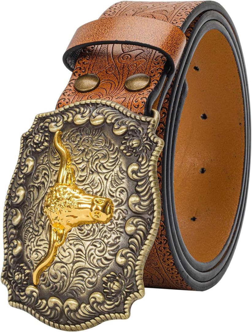 Western Cowboy-Belts for Women Big-Buckle Longhorn-Bull PU-Leather Rodeo Cowgirl-Belt Engraved Floral - Waist 25-38" (Brown(carved-bull))