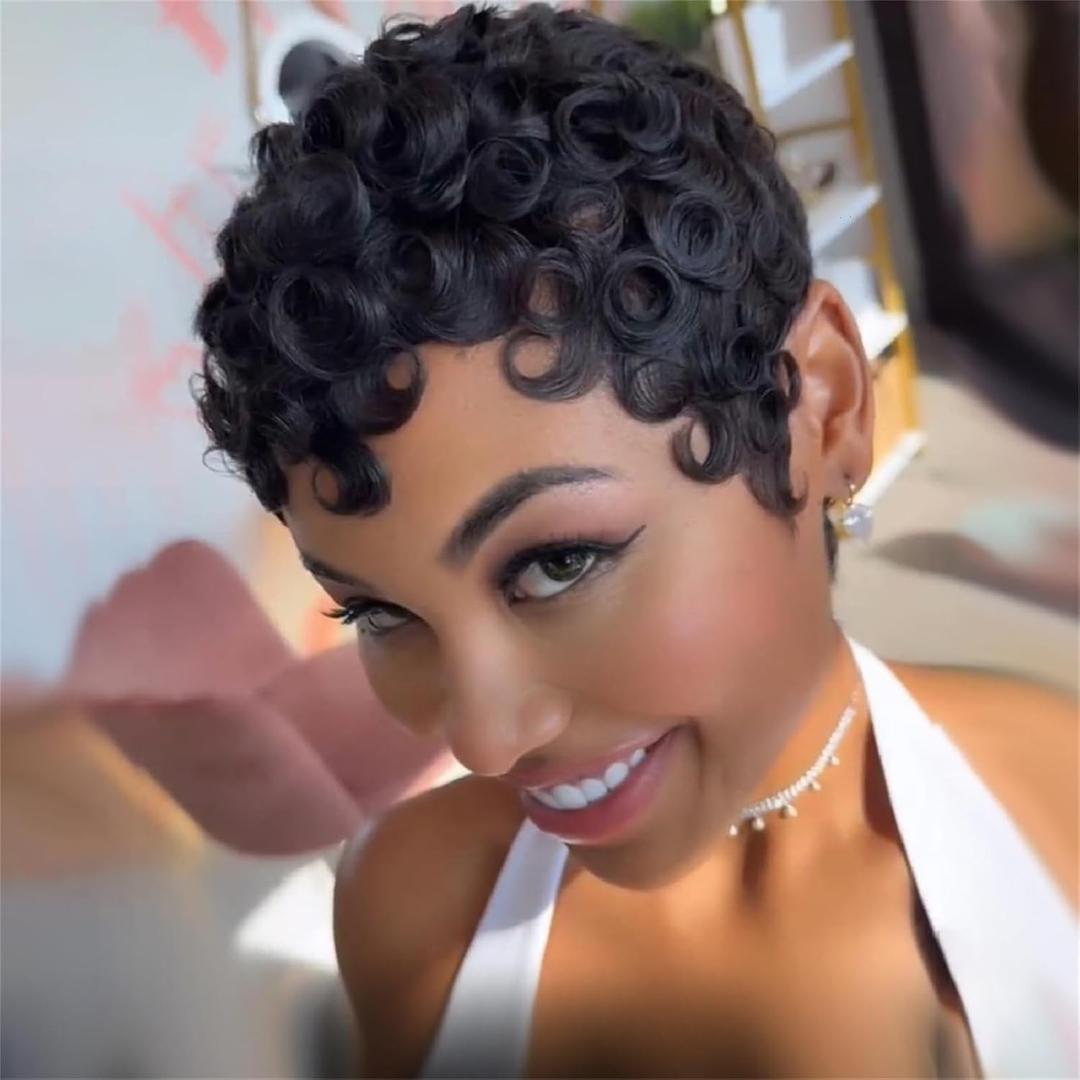 Pixie Cut Wig For Black Women Short Layered Curly Wavy Pixie Cut Human Hair Wigs Brazilian Virgin Human Hair Glueless Women Wigs With Bangs Natural Black Color for Daily Use（Black
