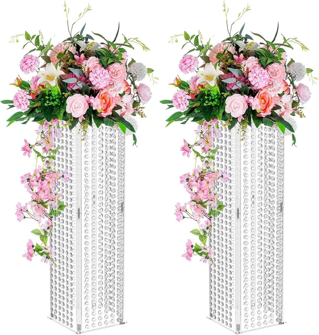 Nuptio Centerpieces for Wedding Table Vases - 2 Pcs 31.5in Tall Flower Vase Crystal Flowers Stand for Party Tables Decorations - Elegant Bulk Weddings Decoration Table Geometric Centerpiece Stands