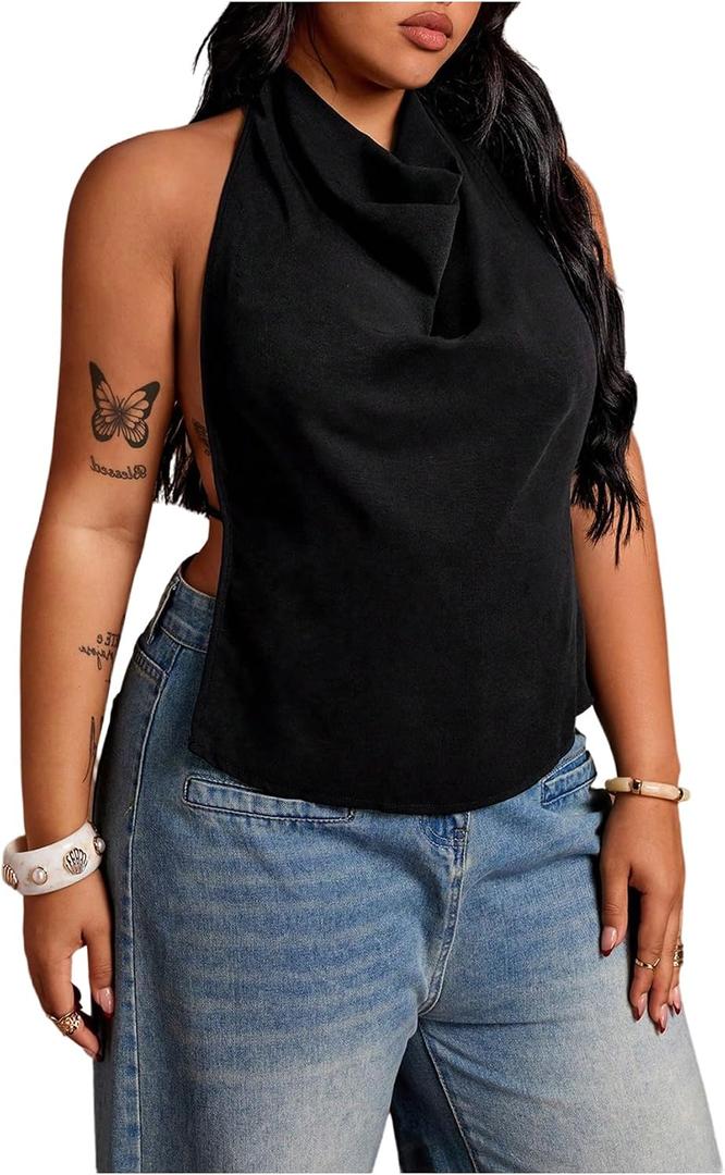 SOLY HUX Women's Plus Size Open Back Halter Tops Draped Sleeveless Tie Backless Summer Going Out Top, 3XL