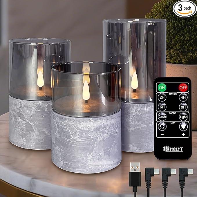 LEDHOLYT Rechargeable Marble Flameless Candles, Gray Glass LED Pillar Candle with Remote & Timer,Decorative Candles for Living Room, Bedroom, Holiday Décor & Gifts for Women,Set of 3