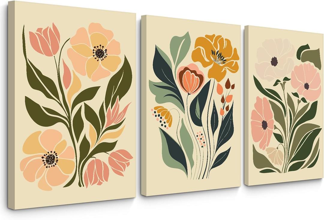 Boho Flower Wall Art Decor Abstract Floral Canvas Wall Art Pictuers Botanical Wall Art Minimalist Plant Prints Boho Floral Poster Vintage Artwork for Living Room Bedroom 12x16 Inch Wrapped canvas