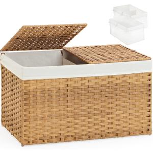 Storage Basket with Lid Rattan Storage Basket with 2 Separate Lid, 27.8 Gallon (105 L) 25.2 * 15.4 * 16.1 Inches Woven Wicker Baskets with 2 Liners and Handles for Bedroom Laundry-Natural