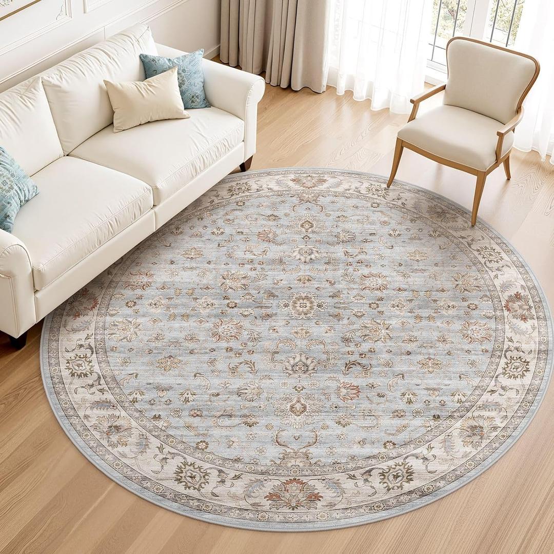 WITSHOCK 8ft Round Area Rugs for Living Room: Non-Slip Washable Vintage Soft Large Circle Rug - Soft Low Pile Carpet for Bedroom Under Dining Table Home Office Decor (Light Blue)