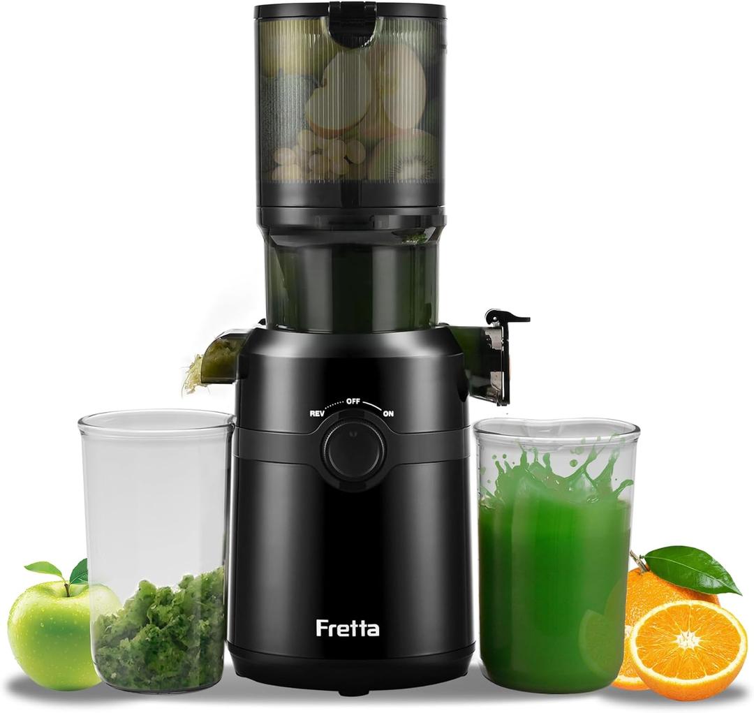Fretta Nifty Cold Press Juicer Machines,Slow Masticating Juicer Machines with 1.1 L Large Feed Chute,Fit Whole Fruits & Vegetables Easy Clean Self Feeding,High Juice Yield,BPA Free (Ink-black)