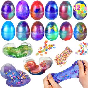 Joyin 12 Pcs Prefilled Easter Eggs with Galaxy Slime, Colorful Putty with Toys, Stress Relief Sludge Toys for Kids Easter Eggs Hunt, Basket Stuffers Filler and Party Favors