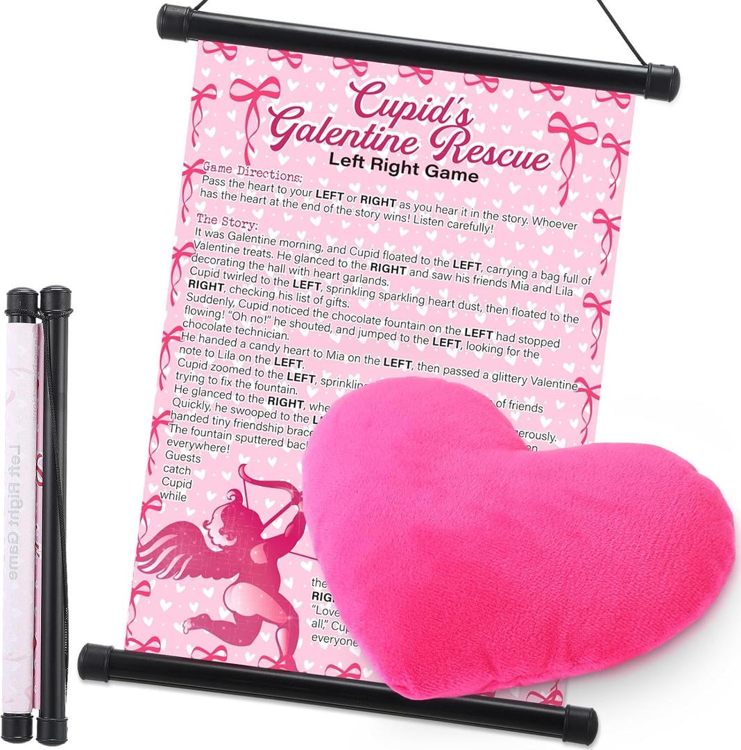 Galentine's Day Party Game Pass the Heart Game Galentines Left Right Story Hanging Scroll with Plush Heart Valentine's Gift for Women Besties Adults Party Supplies Activities Challenge Prizes