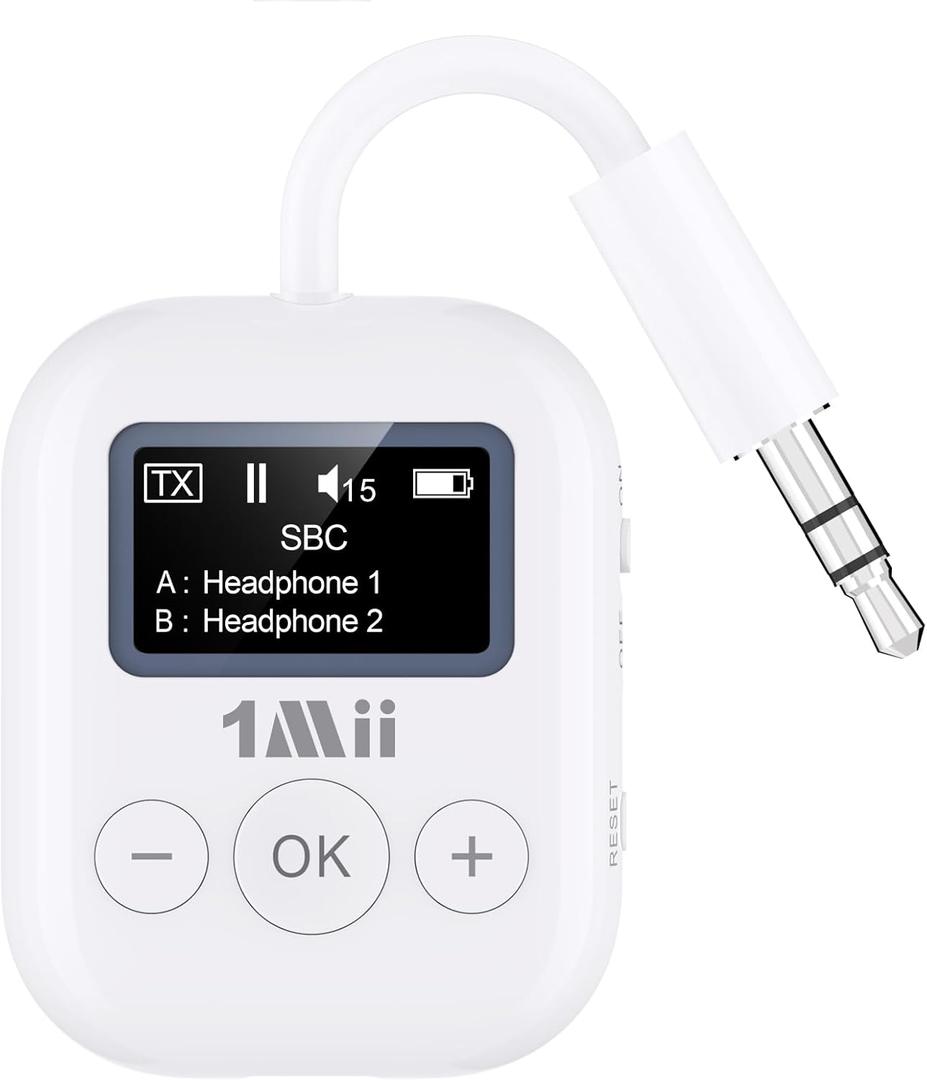 1Mii Bluetooth 5.3 Transmitter w/Screen for TV to 2 Headphones, aptX AD/LL/HD Hi-Fi Audio, 25H Playtime, 3.5mm AUX Bluetooth Adapter for TV, PC, CD Player, MP3, Gym, Projector - Transmitter Only