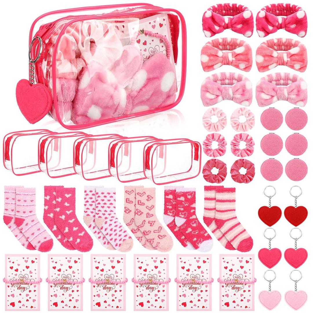 48 Pcs Galentine's Day Gifts Valentine's Pink Gift for Women Include Fluffy Socks Compact Mirrors Makeup Bags Headbands Scrunchies Greeting Cards Heart Keychains Bracelet for Party Supply