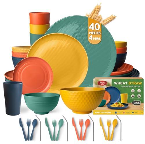Teivio 40-Piece Kitchen Plastic Wheat Straw Dinnerware Sets for 4, Dinner Plates, Dessert Plate, Cups, Flatware, Dishwasher Safe, Colorful Unbreakable Apartment Outdoor RV Dishes, Autumn Multicolor