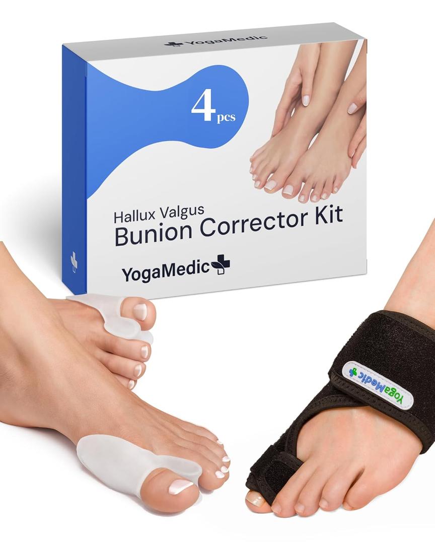 YOGAMEDIC Bunion Corrector for Men & Women - One Size - 4pcs, 2 Splints & 2 Silicone Spacers - Adjustable Day & Night Wear - Anatomical Foot Alignment, Soft Gel Toe Separators for Daily Support and Nighttime Use