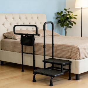Bed Rails for Senior, Step Stool with Handle for Ederly - Extended Bed Assist Rail for Seniors with Storage Bag - Adjustable Bed Side Rails with Foot Stool, Fits Twin Full Queen King