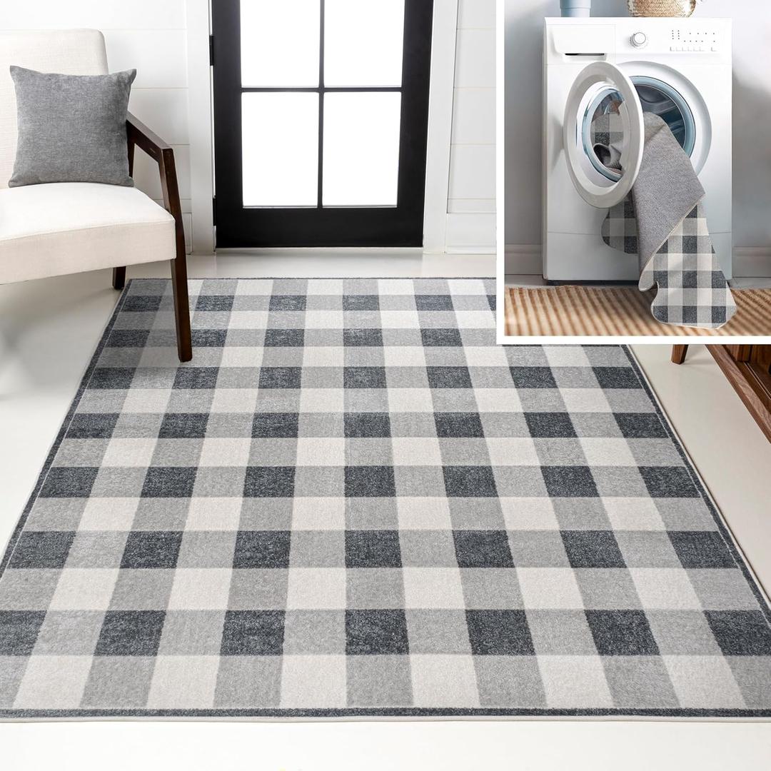 JONATHAN Y Machine Washable Indoor Area Rug 5X8 Light Gray/Dark Gray/Cream, Gingham Gradient Plaid Cottage for Living Room, Bedroom, Kitchen, Easy-Cleaning, Pet-Friendly, Non-Shedding WSH303A-5