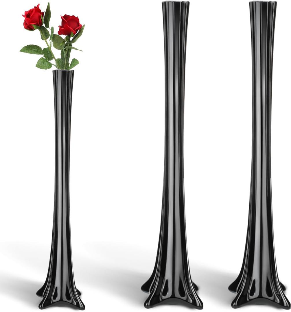 Roshtia 2 Pcs Eiffel Tower Vase Bulk 16 Inch Flute Vases Tall Glass Long Skinny Base Glass for Wedding Centerpiece Flowers Home Table Decorations Formal Dinners (Black)