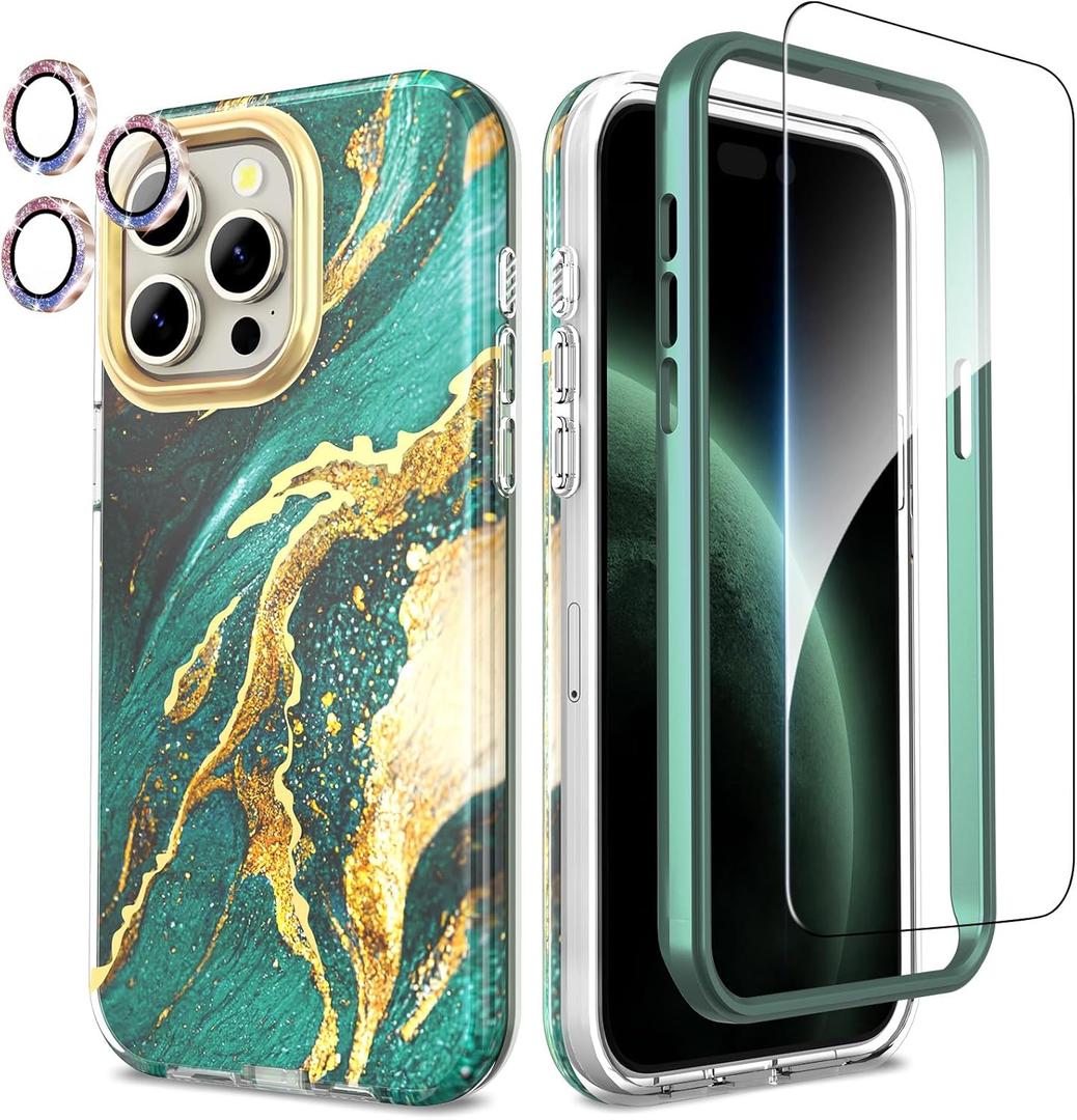 SHEDEER for iPhone 15 Pro MAX Case with Glitter Camera Protector & Screen Protector, Anti-Yellowing Chic Pattern, Shockproof Drop Protection Anti-Scratch Phone Cover 15 Pro MAX 6.7'', Dream Green