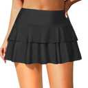 Pinup Fashion High Waisted Swim Skirt - Women Ruched Ruffle Bathing Suit Bottom Skorts with Built-in Shorts (Medium, Black)