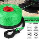 Synthetic Winch Rope, 3/8'' x 60ft 19,854LBS Synthetic Winch Line 3/8 Winch Cable Replacement Synthetic Rope with Forged Winch Hook for 4WD Off Road Vehicle SUV Truck(Green-Slim)