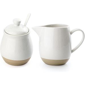 famiware Milkyway Ceramic Sugar and Creamer Set, 10oz Sugar Bowl & 13oz Creamer Set  Stoneware Milk Pitcher & Sugar Dispenser for Coffee Bar, Kitchen, or Countertop, Coffee Serving Set, White