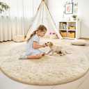 OLANLY Cream Round Rugs for Bedroom - Machine Washable, 8 ft Circle Area Rugs for Living Room, Soft and Fluffy Shaggy Carpet for Teen Girl and Boys, Nursery Rooms, Dorms, Home Decor Aesthetic
