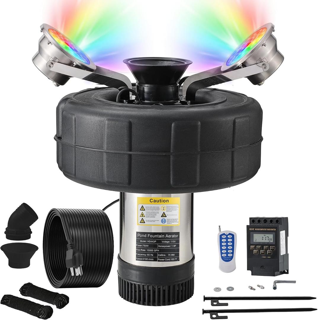 KARTOOSH RGB Pond Fountain Aerator, 15000 GPH 750W 1 HP Stainless Steel Floating Fountain Pump with 100 FT Power Cord, Fully Automatic Powerful Aerating Fountain for Small Large Ponds Lake
