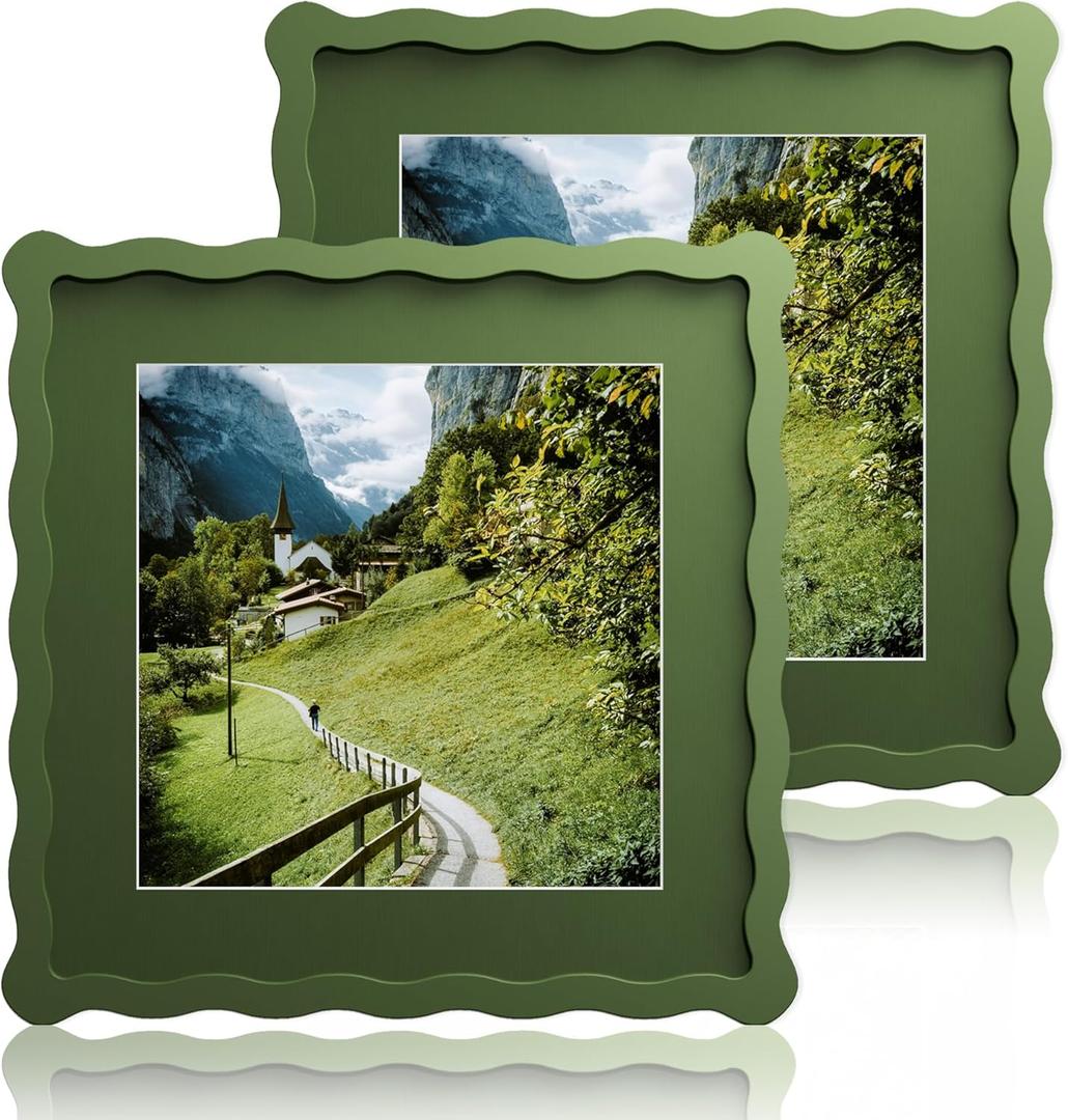 10x10 Wavy Picture Frame With Mat For 8x8, Wavy Edge Wooden Picture Frame with Real Glass - Wall Mount and Tabletop Display, Green, 2 Pack