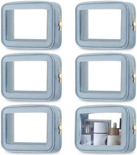Abbylike 6 Pcs Clear Makeup Bags Mother's Day Travel Nylon Clear Blue Toiletry Bag Bulk Car Organizer Case Waterproof Toiletry Pouch with Golden Zipper for Teacher Mother Women Wedding Gift