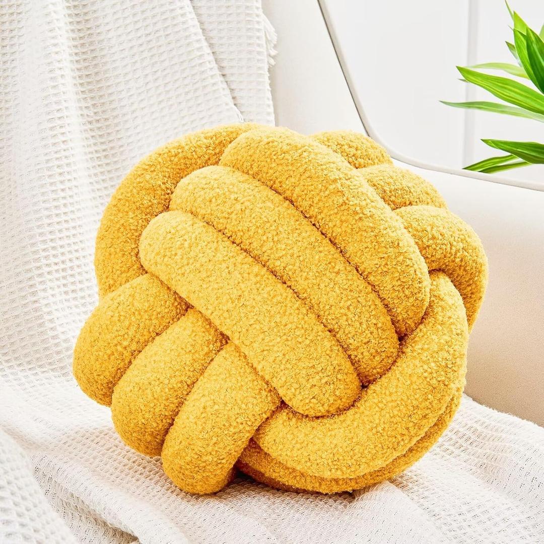 Uvvyui Knot Pillow Ball, Soft Home Decorative Pillows, Round Throw Pillow, Handmade Knotted Plush Pillow, Round Boucle Pillow Cushion (8.6 Inches Dark Yellow) (Small (Pack of 1))