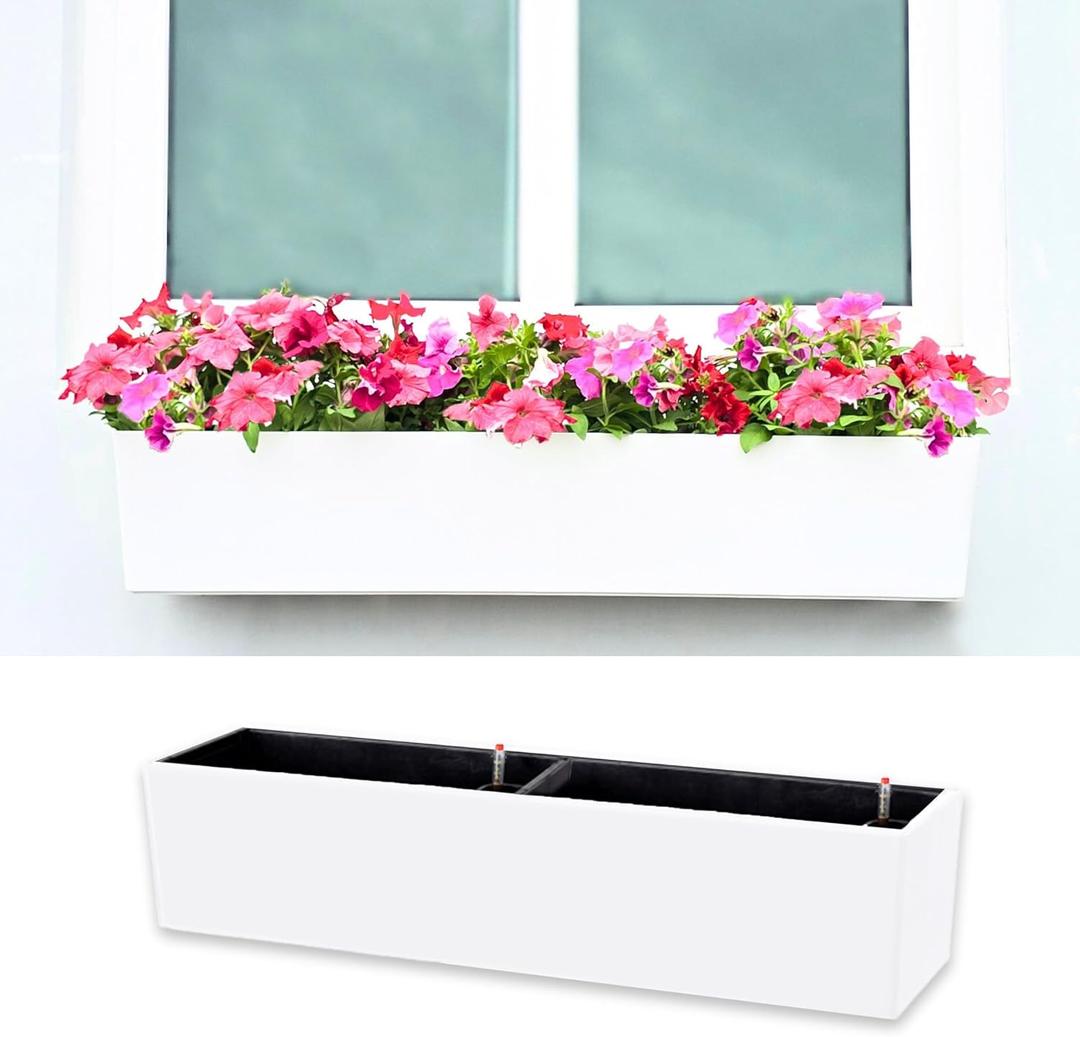 LaLaGreen Planter Boxes Outdoor (40 Inch, 1 Pack) Rectangular Self Watering System Window Flower Boxes with Bracket, Large White Planters Vertical Plant Container Hanging Wall Mount Indoor Succulents