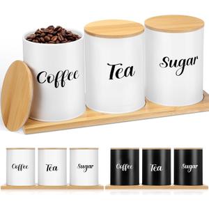 Reallnaive Coffee Tea Sugar Container Set with Tray, Set of 3 Airtight Metal Canister with Bamboo Lids, Farmhouse Kitchen Counter Organizer for Coffee Bar and Drink Station (White)
