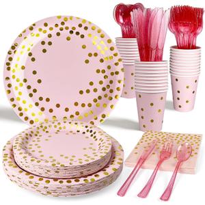Holiday Paper Plates Disposable w/Napkins Cups & Cutlery, 25 Serves Dinner Plates Sets, Heavy Duty Party Plates Disposable Supplies for Family, Winter Party,Baby Shower, Birthday, Wedding