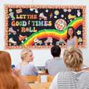 Funrous Let the Good Times Roll Bulletin Board Decorations Groovy Classroom Bulletin Decor 3D Rainbow Roller Skate Retro Hippie Boho Disco Paper Cutouts for Middle High School Chalkboard Wall Supplies