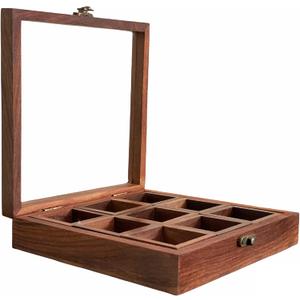 Wooden Masala Dabba Spice Storage Box With Glass Lid on Top 9 removable Containers And Spoon For Kitchen Wooden Indian Spice Box With Spoon (50 ML Each, Sheesham Wood) Masala Dabba (9 Fixed Compartments with 1 Spoon - 8")