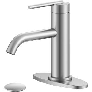 Brushed Nickel Bathroom Faucet for Single Handle HURRAN Bathroom Faucet 1 Hole with Pop-up Drain and Deck, Fits 1 Hole or 3 Hole Installations for Vanity, Bathroom & RV