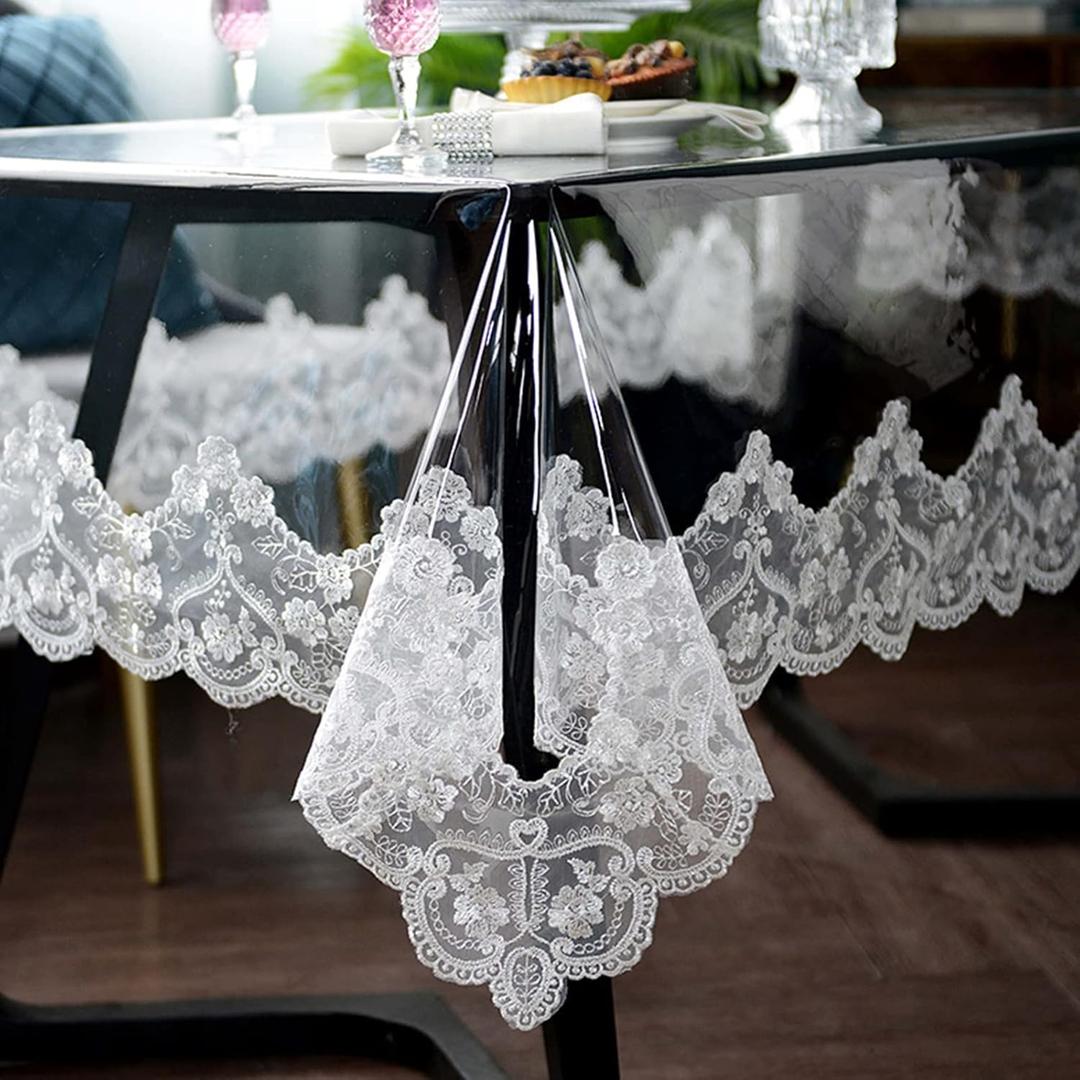 Clear Plastic Waterproof Tablecloth, Vinyl PVC Rectangle Table Cloth with Lace Macrame, Oil Spill Proof, Table Cover for Dining Tables, Parties and Holidays (White, 52 x 70 Inch)