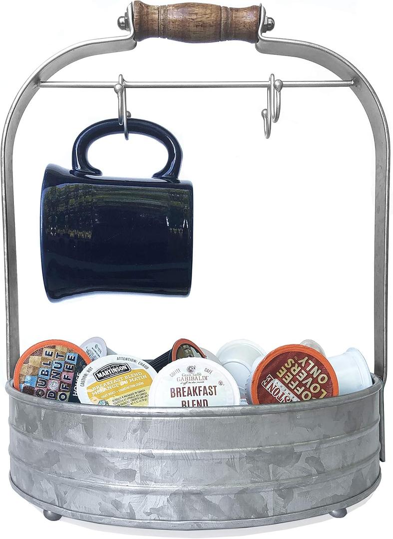 Autumn Alley Rustic Farmhouse Galvanized Coffee Mug Rack Organizer for Kitchen Counter | Mug Tree with Cup Hooks and Basket for Storage of k cups and Accessories | Perfect for Coffee Bar