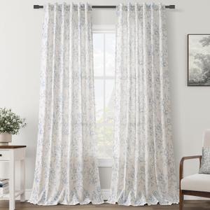 Blue Floral Curtains 108 inch Length Back Tab Farmhouser Living Room Light Filtering Curtains Blue Pattern Print on Cream White Linen Curtain Panel Minimalist Aesthetic Sketch Style Vintage Room Decor (52"W x 108"L (Pack of 2))
