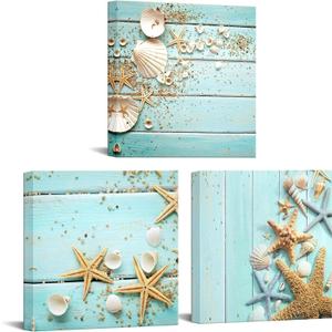 Nachic Wall Seashell Canvas Wall Art Starfish Pictures Wall Decor Modern Sea Ocean Painting on Canvas Bathroom Decoration Framed Ready to Hang