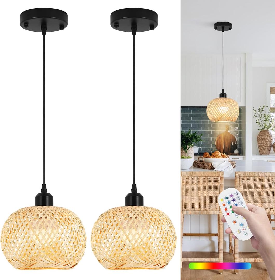 Boho Pendant Light Battery Operated, Rechargeable Woven Pendant Light with Remote, Rattan Pendant Light Fixtures for Kitchen Island, Wicker Hanging Lights for Dining Room, Bedroom, Hallway, Entryway. (7.87 in, Brown)