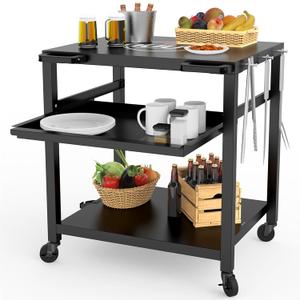 NUUK Outdoor Grill Prep Table 24"x30" Metal Grill Cart Outside 3-Layer Pizza Oven Table Movable with Universal Wheels for BBQ Backyard Patio (Black)