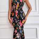 PRETTYGARDEN Women's Summer Floral Midi Tank Dress Sleeveless Strappy Ruffle Hem Smocked Bodycon Dresses (Black, M)