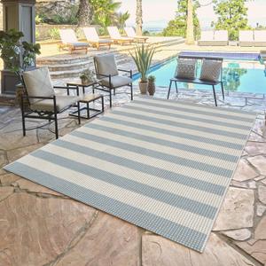 LEEVAN Striped Outdoor Rug 4x6, Washable Front Porch Rug, Spring Plaid Door Mats Outside Entrance, Blue and White Entryway Floor Mat, Buffalo Woven Patio Layered Mat for Entrance/Deck/Camping