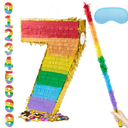 PCFING 20 Inch Number 7 Piñata Rainbow with 30 Inch Piñata Stick Blindfold Confetti for Boys Girls Adults Birthday Party Decorations, Anniversary Celebration, Fiesta