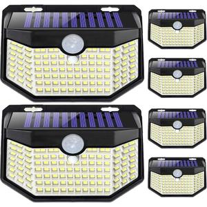HMCITY 120 LED Outdoor Solar Lights with Motion Sensor and 3 Lighting Modes, IP65 Waterproof Wide Solar Wall Lights Ideal for Garden Patio Yard (Front Button 6Packs, Black Shell-Daylight White) (Black)