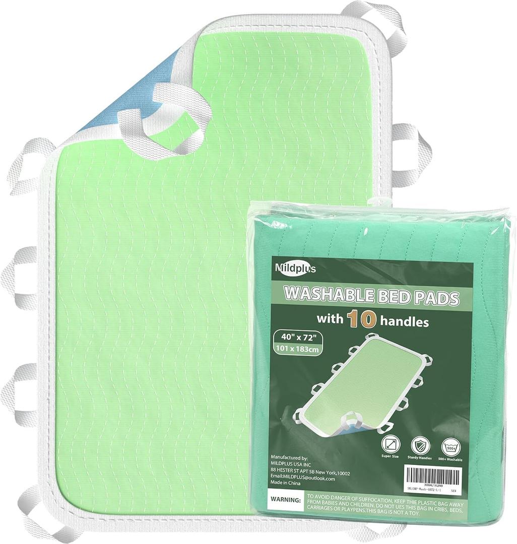 Washable Bed Pads with 10 Sturdy Handles 4072 Extra Large Reusable Underpads 4-Layers Leakproof Chucks Pads Washable for Incontinence (Green,1 Pack)